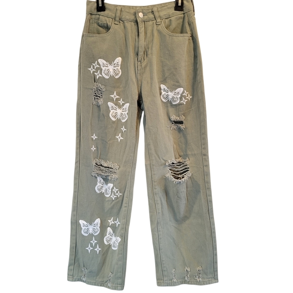 SHEIN Green Butterfly Distresed Straight Leg Jeans